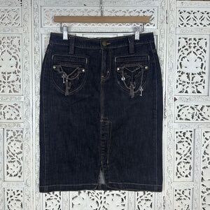 Y2K Jeanstar Dark Wash Grunge Punk Streetwear Denim Skirt With Metal Charms Sz 8